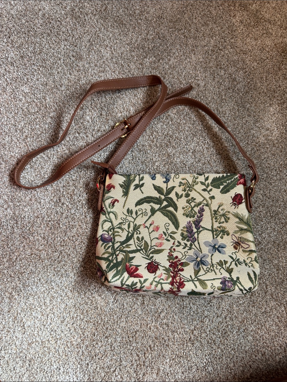 Signare Floral Tapestry Crossbody Bag with Brown Faux Leather Strap